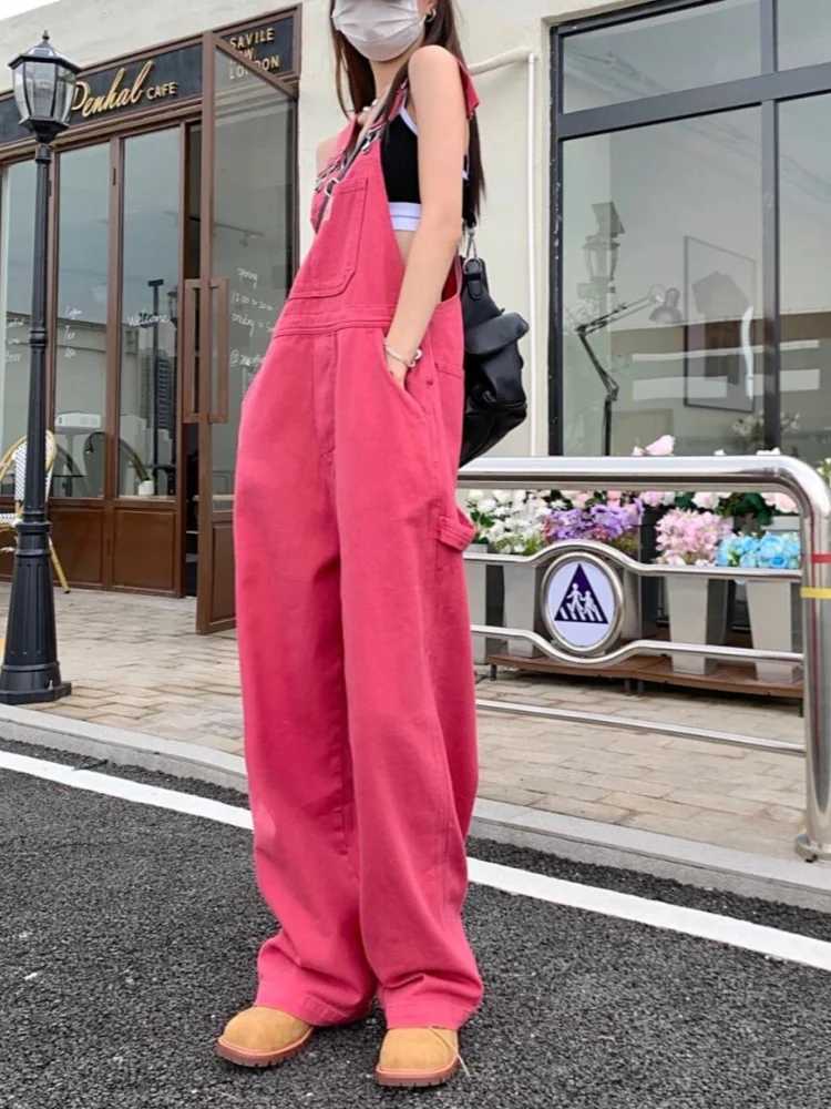 Pink Denim Overalls For Women Loose Slimming High Waist Straight Wide Leg Pants Student Style Jumpsuits M260323