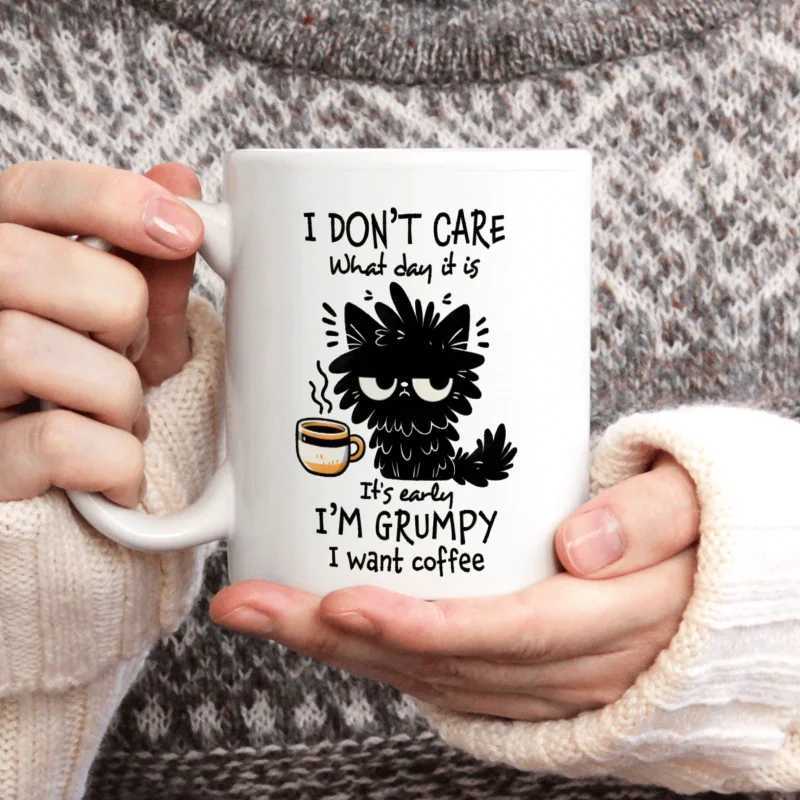 1pc Funny Ceramic Coffee Mug - I Dont Care What Day It Is Im Grumpy I Want Coffee - 11oz White Mug with Cat Illustration D260323