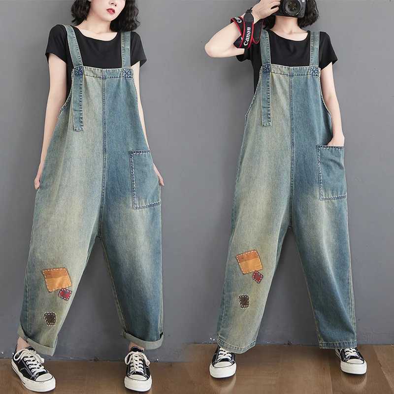 Vintage Contrasting Denim Overalls Spring Summer Women Patch Casual Loose Wide Leg Jumpsuit Female Jean Romper M260323