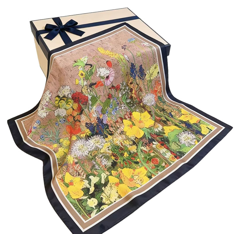 70x70cm Satin Imitation Silk Square Scarf Art Oil Painting Series Soft Smooth Lightweight Breathable All-Match Neck Scarf Shawl Headband Bag Decor