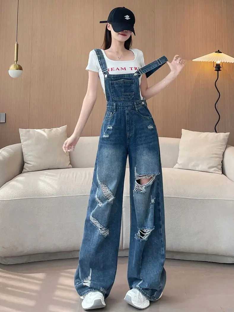 Blue Denim Jumpsuits For Women Spring Summer Suspender Strap Hole Ripped Wide Leg Overall Loose Casual Jeans Street Wear M260323