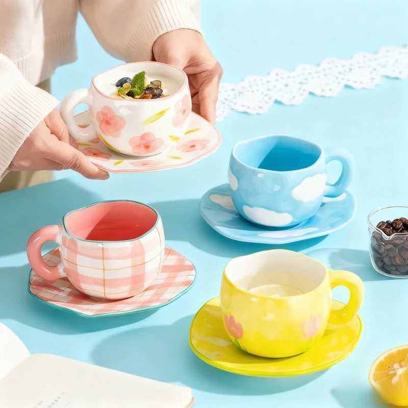300ML Hand Pinched Ceramic Mug Cute Pattern Irregular Coffee Cup Breakfast Milk Oatmeal Mugs Afternoon Tea Cups Creative Gifts D260323