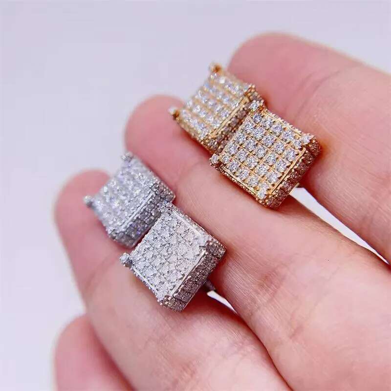 10K Solid Real Gold 13MM Square Hip Hop VVS Diamonds Iced Out Moissanite Earrings Men