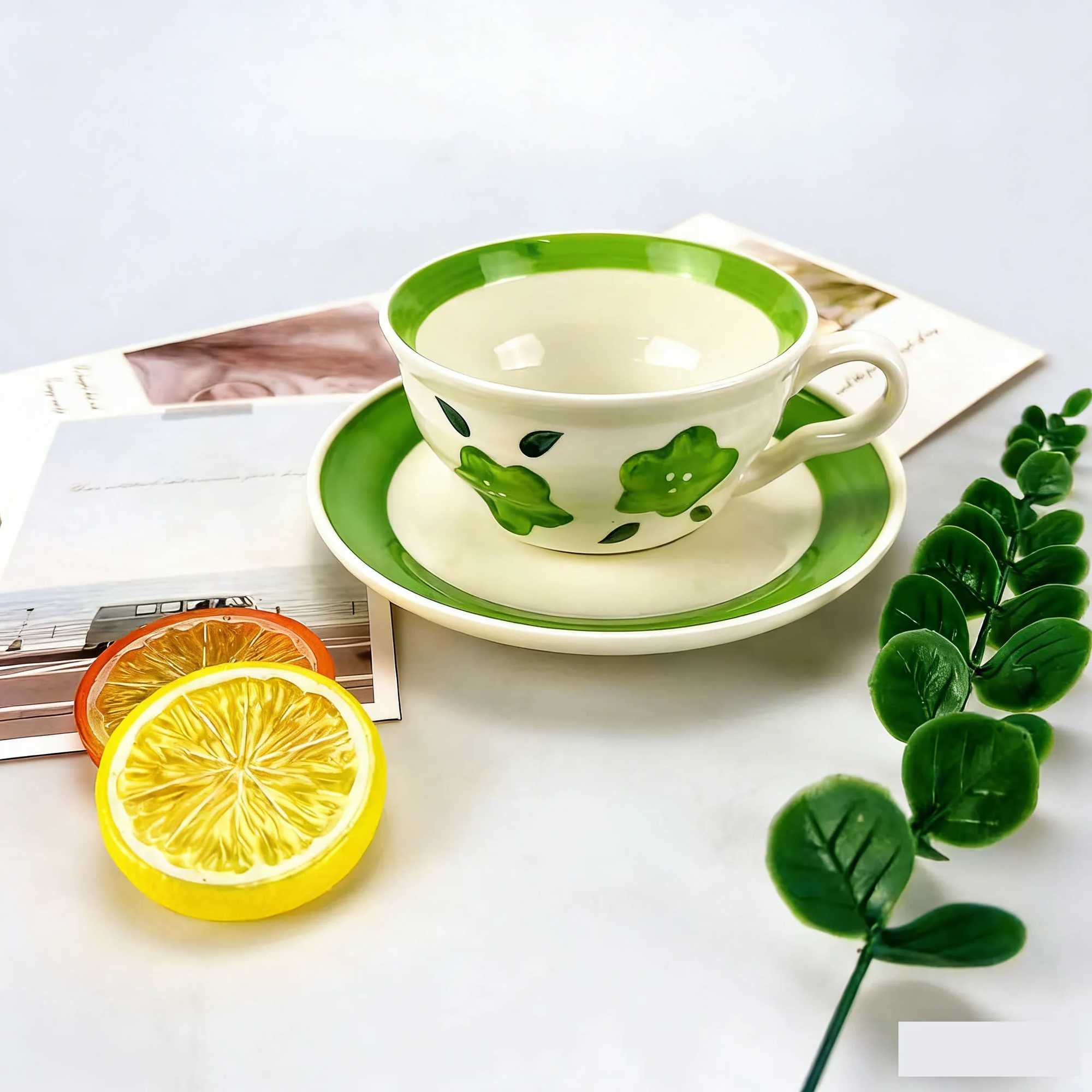 1PC Ceramic Coffee Cup and Saucer Set Ins-style Floral Pattern Couple Cups Household Afternoon Tea Cups High-value Mugs H260323