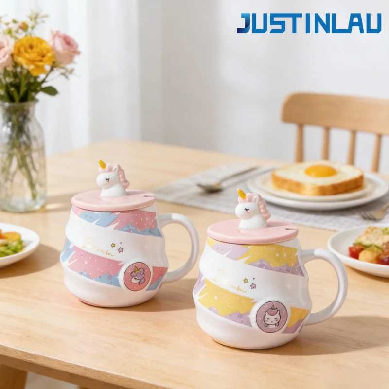 JUSTINLAU 480ML Unicorn Rainbow Spiral Ceramic Coffee Cup with Spoon Home Milk Cup Juice Cup Creative Birthday Gift Tea Cup Set D260323