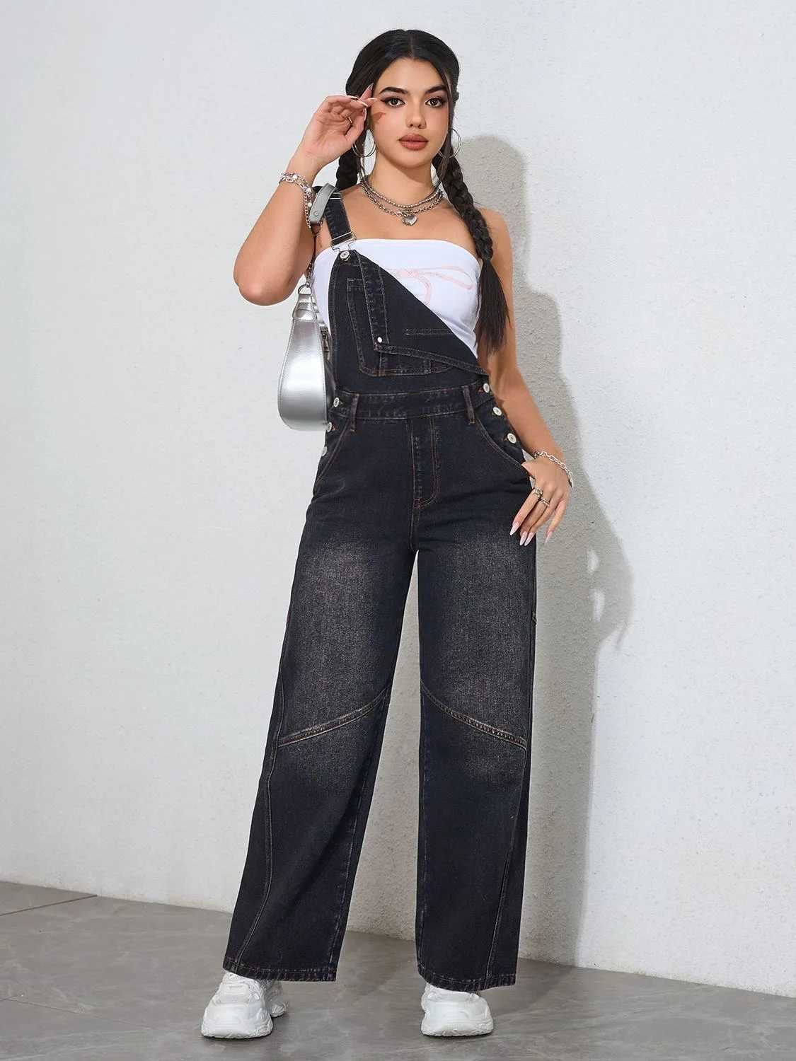 Womens Vintage Black Denim Jumpsuit Wide Leg Overalls Loose Fit Spring Fall Casual Romper Fashion Oversized Staple Bib Pants M260323