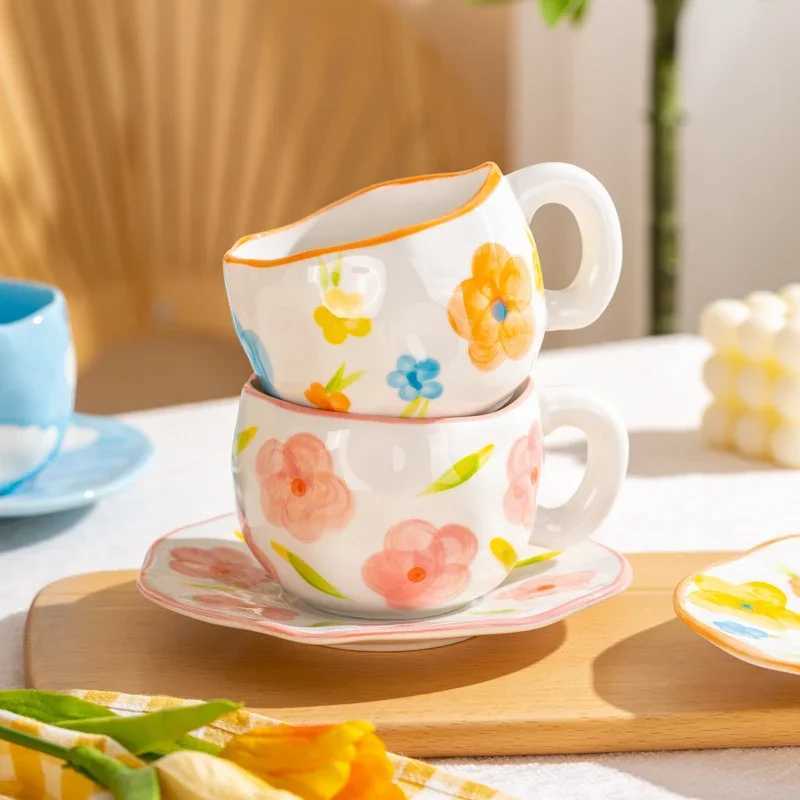 12 styles Creative Cute Ceramic mug Espresso Coffee Cup with Saucer Hand Pinched Irregular Flower Clouds Breakfast Milk Tea Cups H260323