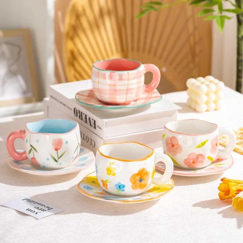 300ML Cute Hand Pinched Irregular Ceramic mug Flower Heart Pattern Coffee Cup Breakfast Milk tea cups Gift For Kids Girls H260323