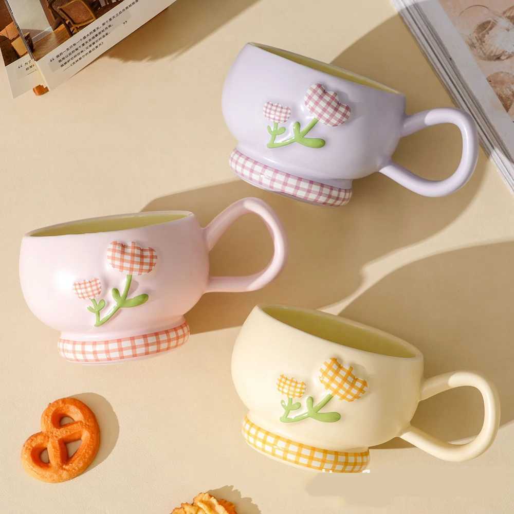 Tulip Relief Ceramic Mug Cartoon Design Cup Colorful Gingham Drinkware Adorable Style Minimalist Tableware For Home Use H260323