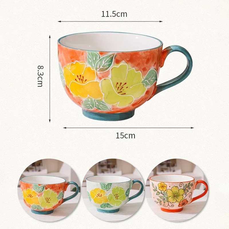 500ML Ceramic Coffee Mugs Large Capacity Hand-painted Relief Breakfast Cup Milk Oat Flower Tea Cups Creative Drinking Water Mug H260323