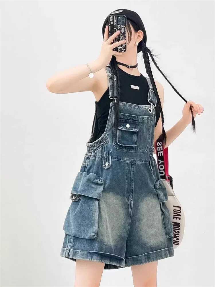 American Vintage Denim Overalls Women Fashion Wide Leg Jumpsuit Slim Fit Loose Design Youthful Style Short Romper M260323