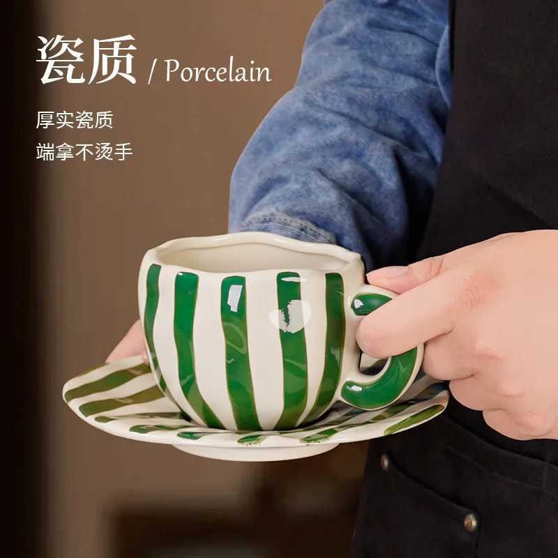 Nordic Retro Hand Painted Ceramic Mug Saucer Set Irregular Coffee Cup with Tray 360ml Unique Gift for Birthday Party Home H260323