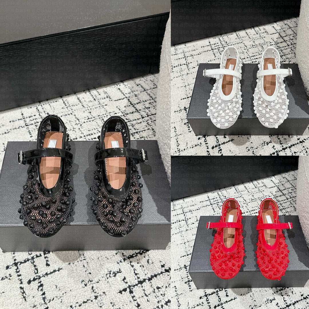 Studded Mesh Mary Jane Flats High Quality Luxury Slip On Crystal Embellished Netting Ballet Shoes Genuine Leather Elegant Party Diamonds Wedding Loafers Size 35-41