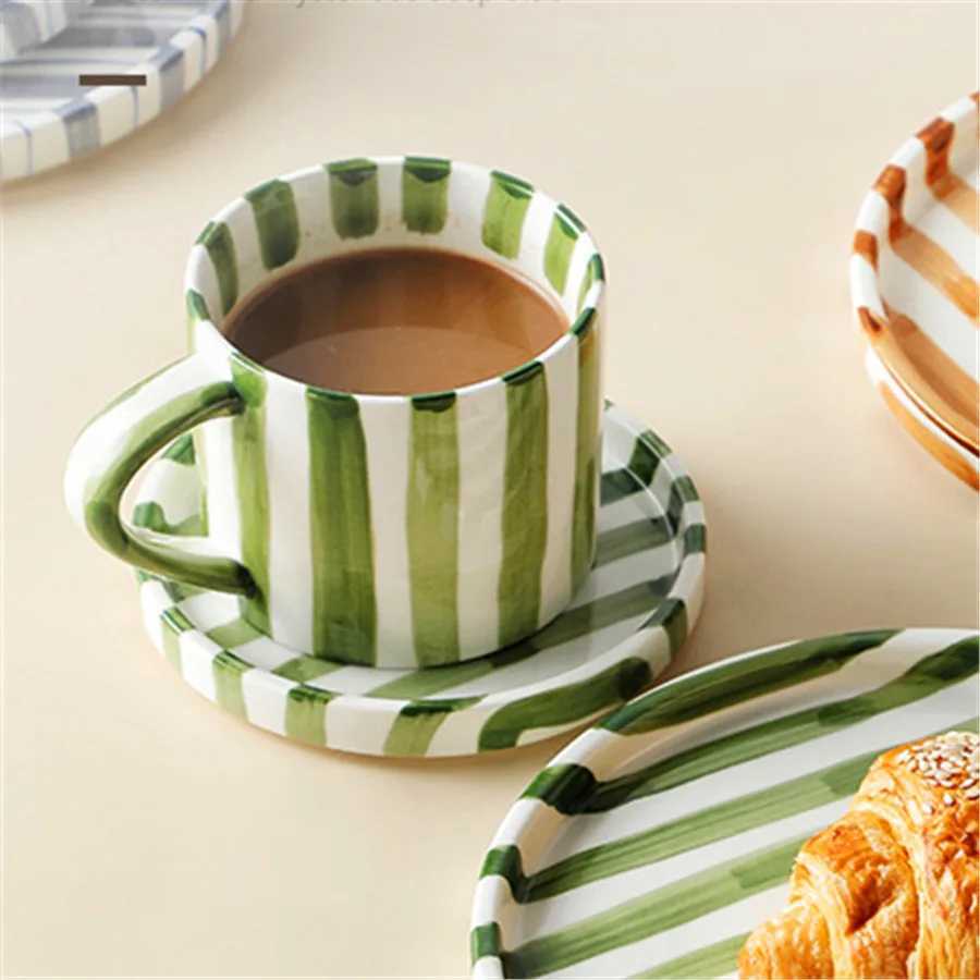 280ml/95oz afternoon tea coffee cup Minimalist striped hand drawn cup and plate set ceramic milk coffee cup household drinki H260323