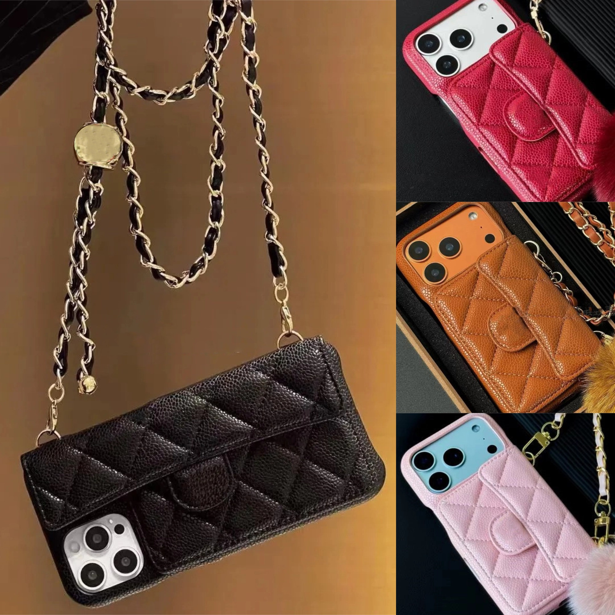 For iPhone 17 Pro Max Cases Women Crossbody Leather Phone Case Designer iPhone Case Apple iPhone 16 Pro Max 15 13 14 Plus Wallet Card Holder Cases Cover Shoulder Chain