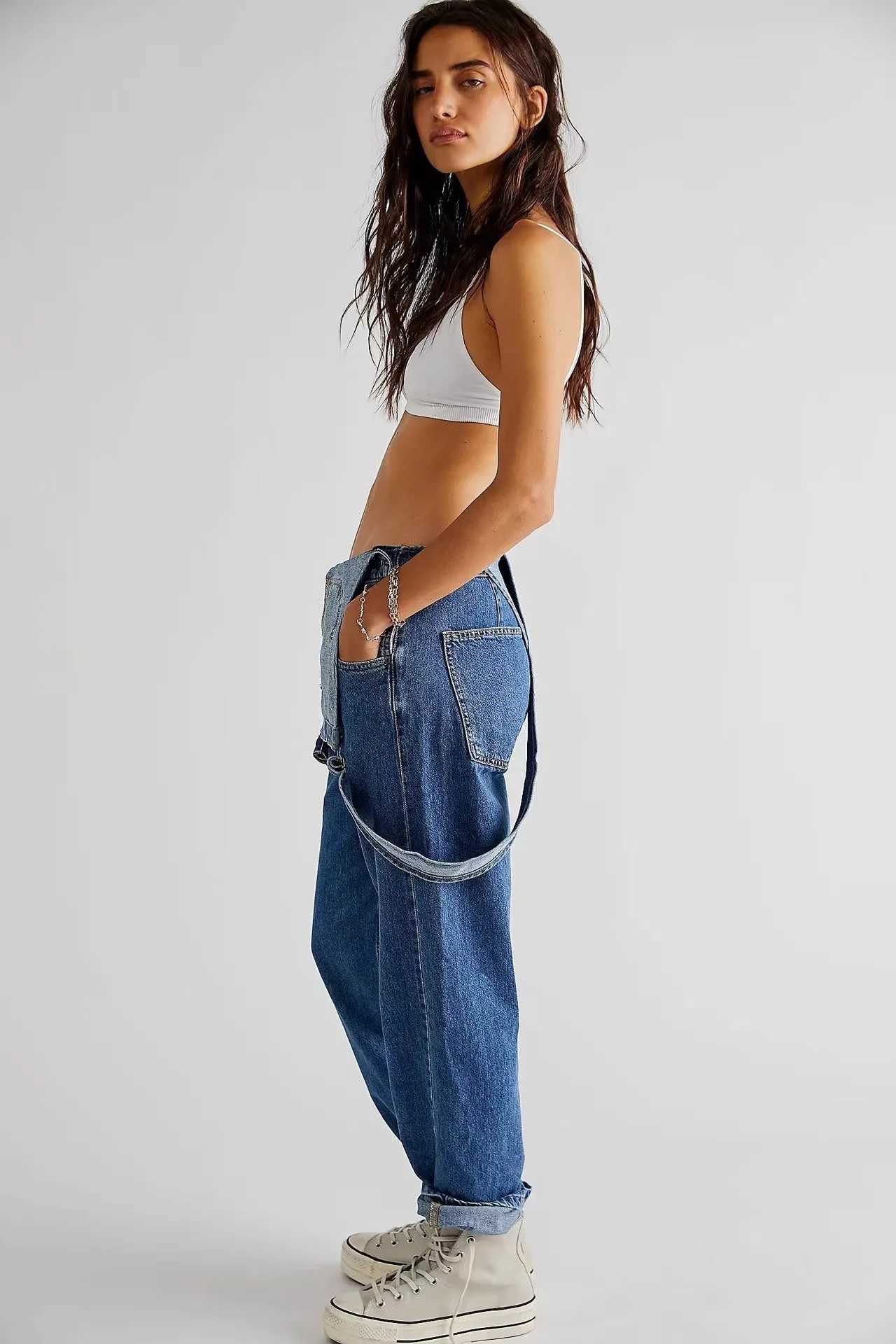 Womens Fashion Denim Overalls Loose Fit Classic Bib Casual Stretchy Jeans Jumpsuit Tapered Leg Streetwear Overalls Fashion M260323