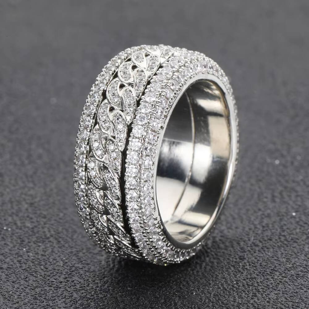 NUOYA Iced Out Bling VVS Moissanite Spinner Cuban Ring 925 Silver Hip Hop Gold Plated Ring Unisex Women Men