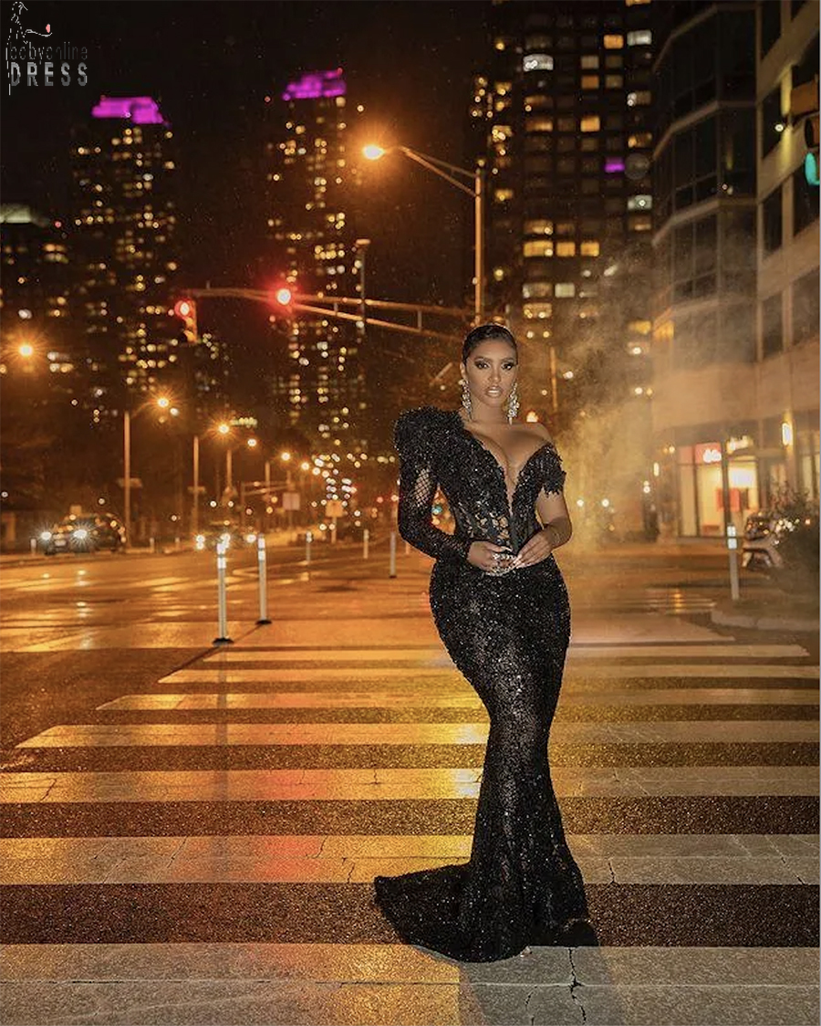 Mermaid Sparkly Black Prom Dresses 2026 Arabic African Lace Sequined Single Long Sleeve Women Plus Size Formal Evening Gowns BC21773