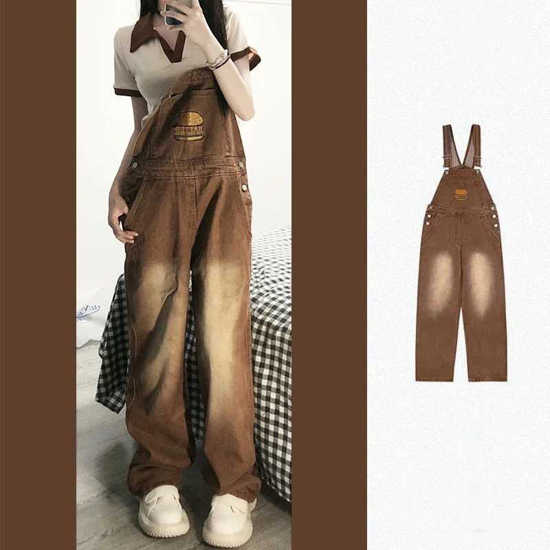American Vintage Brown Denim Suspender Pants Women Hamburg Embroidery Loose Straight Overalls Fashion Trend Jumpsuit M260323