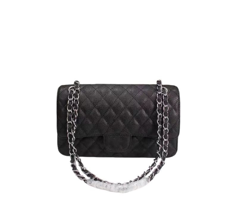 Luxury fashion designer handbags; women's stylish caviar silver buckle chain crossbody bag, simple chain handbag.