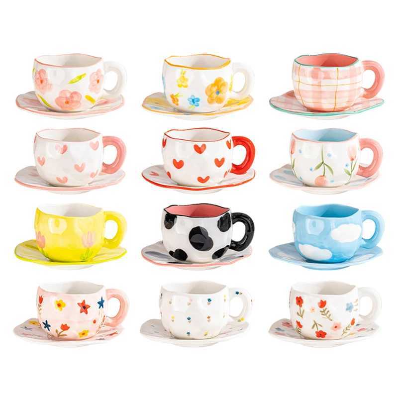 12 styles Creative Cute Ceramic mug Espresso Coffee Cup with Saucer Hand Pinched Irregular Flower Clouds Breakfast Milk Tea Cups H260323