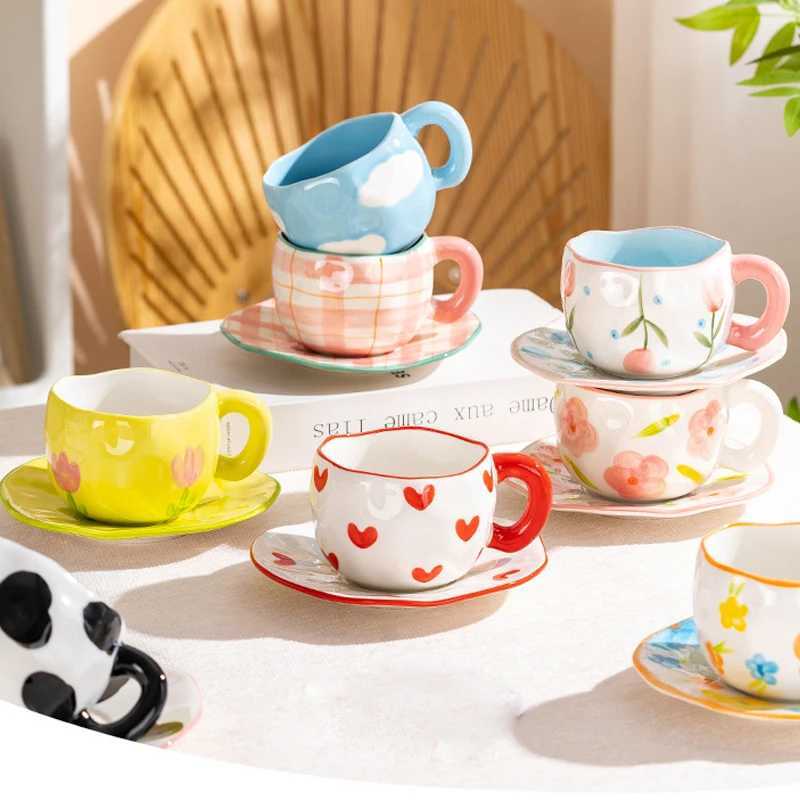 Handmade Creative Ceramic Mugs Cloud Coffee Cup Plate Set Afternoon Tea Latte Cup Irregular Flower Milk mug Korean Style Mugs H260323