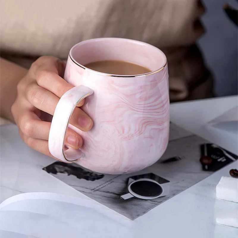 Pink/Grey Ceramic Mug Nordic Ins Style Marbled Gold Rim Coffee Cup Oatmeal Breakfast Cup Valentines Day Dift Couple water cups D260323