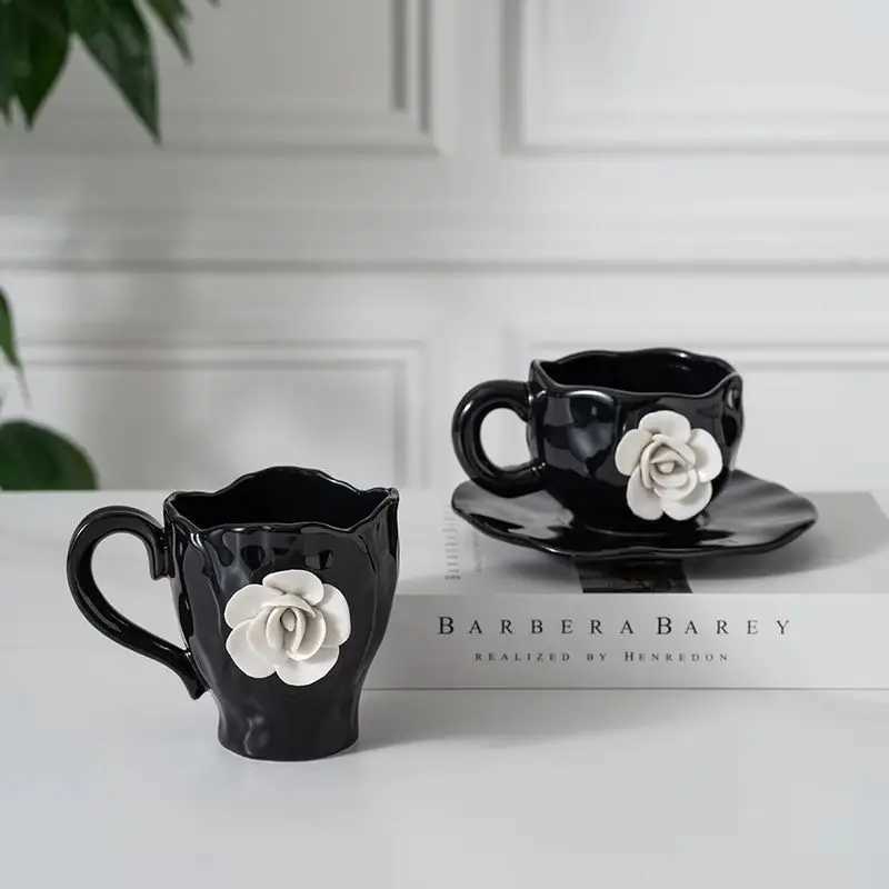 New Creative French Style Camellia Coffee Cup Handcrafted Exquisite Afternoon Tea Black Ceramic Mug Korean 3d White Rose Cup H260323
