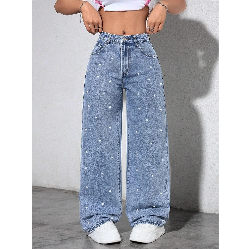 Women High Waist Denim Jeans Ladies Fashion Beading Straight Pants 260625 - view 6