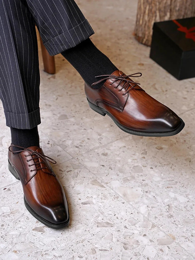 Mens Business Casual Shoes Distressed Wood Grain Square Toe Leather Derby Comfortable Office Wear Formal Dress Shoes Footwear 260316