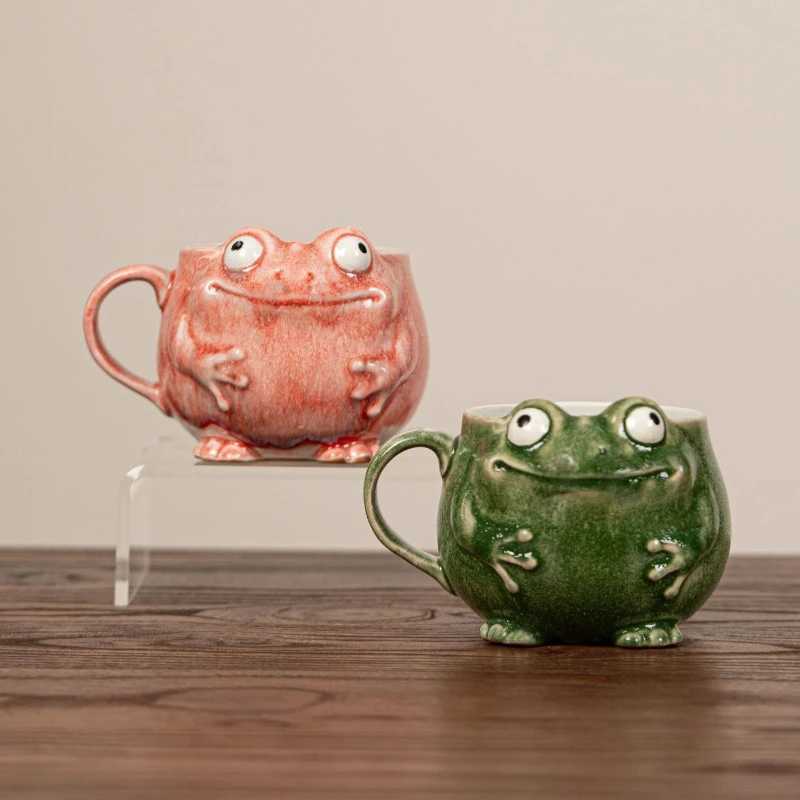 Frog Design Ceramic Mug with Spoon Cute Coffee Cup Gift Set for Office Home Use Vintage Style Drinkware Decor D260323