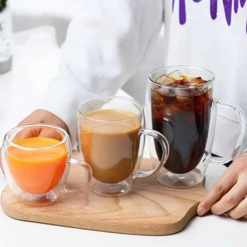Heat Resistant Clear Double Wall High Borosilicate Glass Mug with Handle Coffee Milk Juice Water Cup Coffeeware Lover Gift D260323