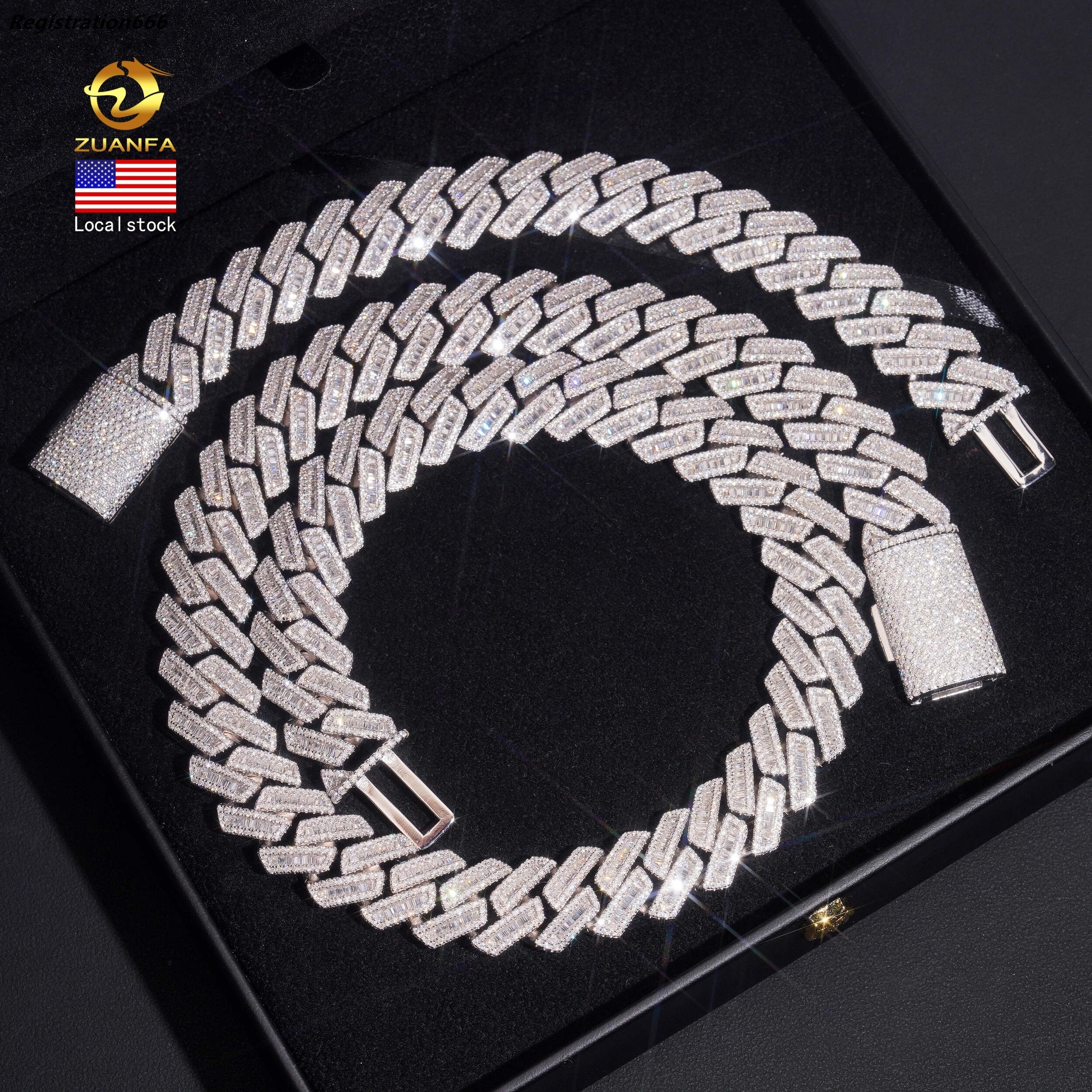 USA Local Stock Fast Shipping18mm Baguette Moissanite Pass Diamond Test 925 Silver Gold Plated Cuban Link Chain