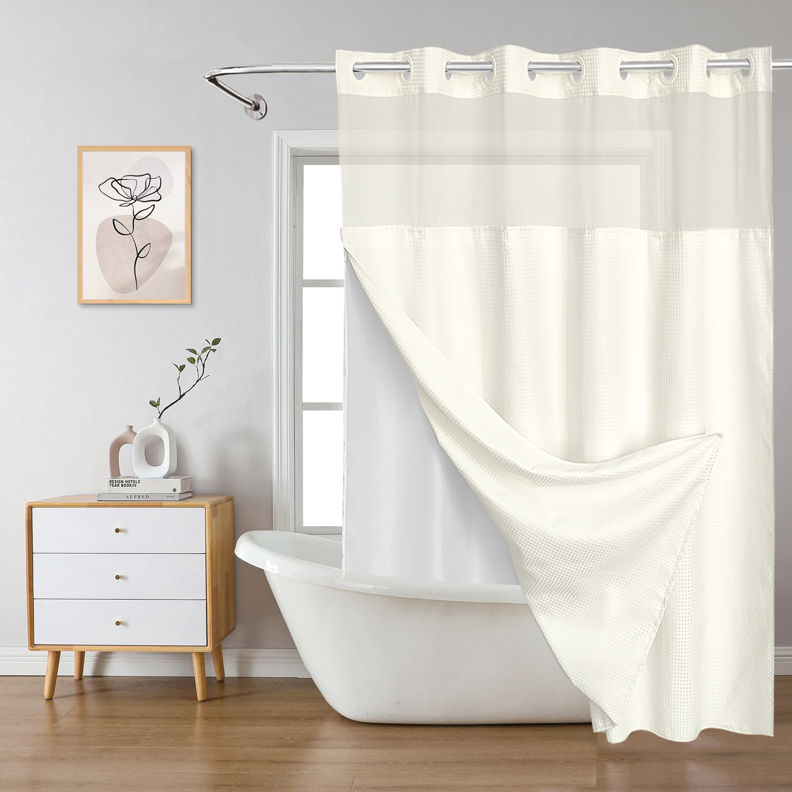 YL-38382 Waffle Double-Layer Large Buckle Bathroom Polyester Shower Curtain with Partition and Waterproof Lining