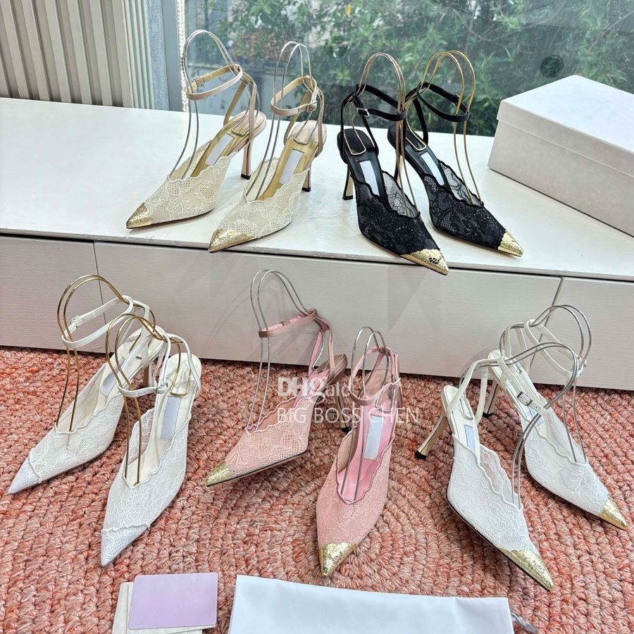 top quality Classic new Fashion Lace mesh High heeled Slingbacks Sandals pumps ankle strap Stiletto heels Dress Shoes womens Luxury designer Wedding Evening shoes