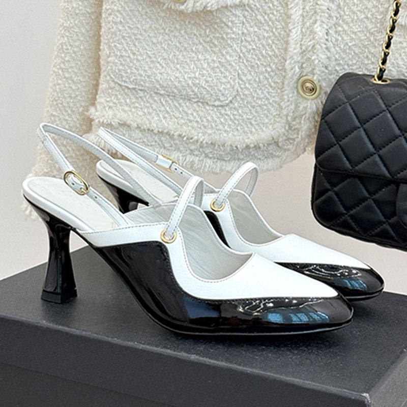 Designer womens one piece spliced high heeled sandals Sexy women sandals Outdoor vacation pointed Lady shoes Metal decorative shoe upper Middle Large Bottom