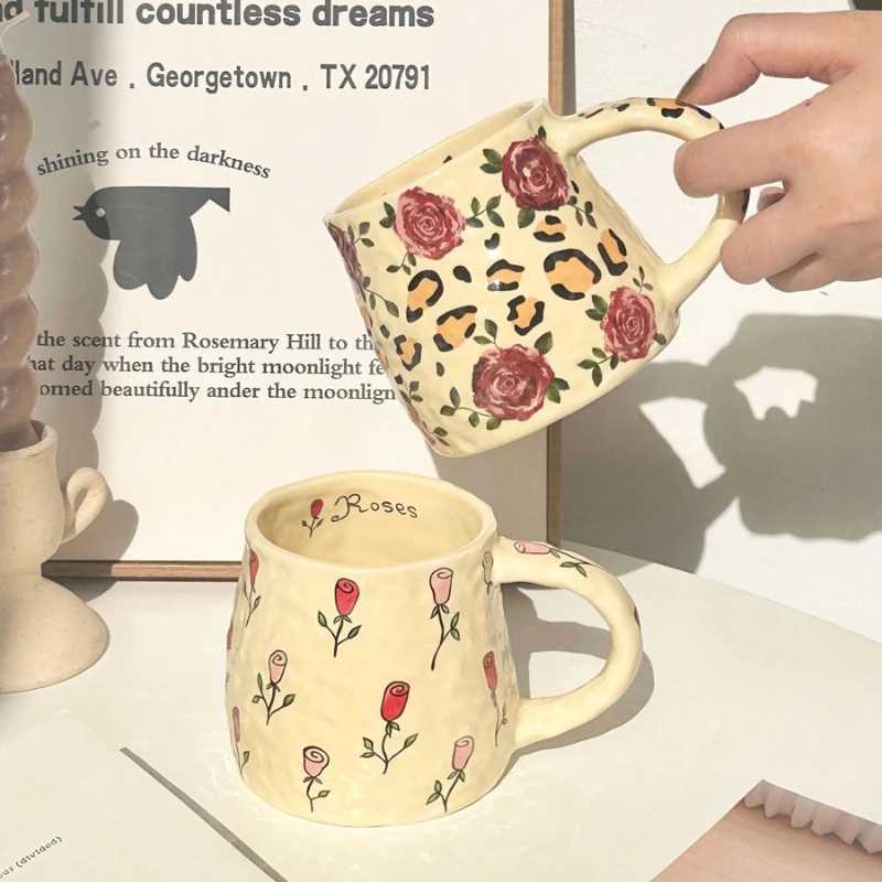 Tulip and Rose Ceramic Coffee Mug Handmade Irregular Shape for Tea Water Home Use Unique Design Gift H260323