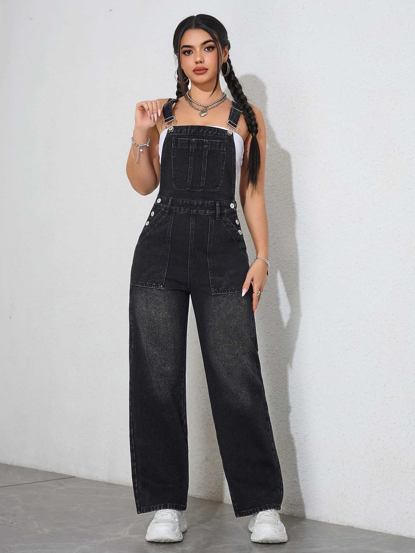 2025 Vintage Washed Womens Denim Overalls - Adjustable Straps Wide Leg Dungaree Jumpsuit Casual Workwear Romper Outfit M260323