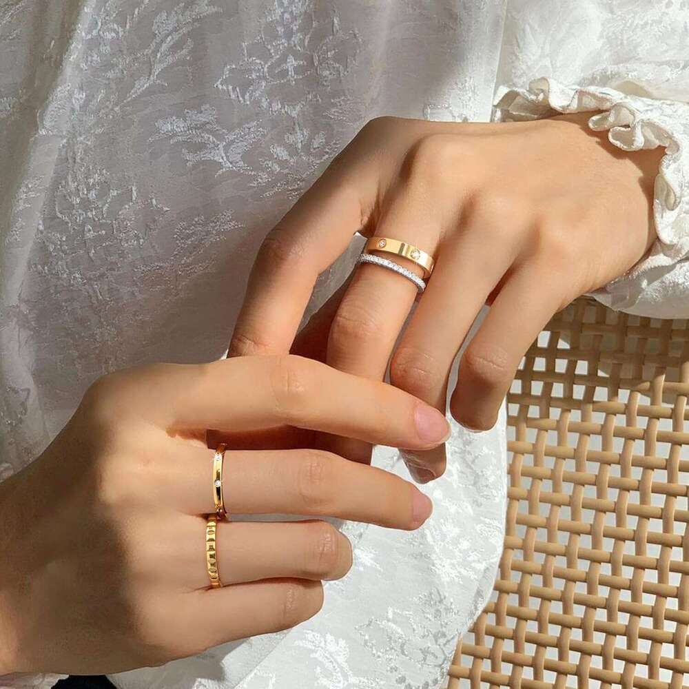 Stackable Ring 18K Gold Plated Set Non Tarnish Stainless Steel Cubic Zirconia Friendship Band Stack Rings Trendy Jewelry Christmas Birthday Party Gift - view 4