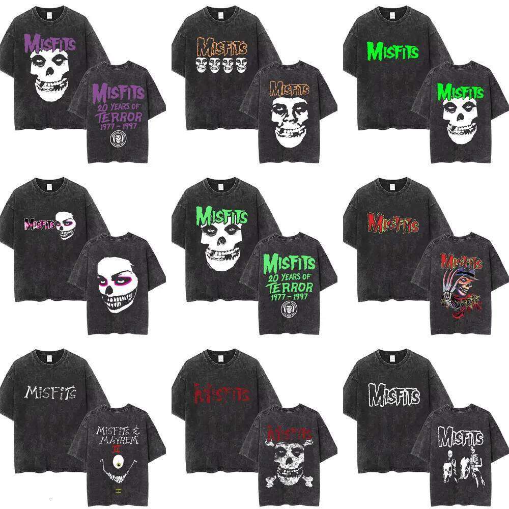 Vintage Washed Hardcore Punk Band Misfits T-shirt Rock Horror Skeleton Print T-shirts Men Women Gothic Casual Oversized T Shirts 26H0323