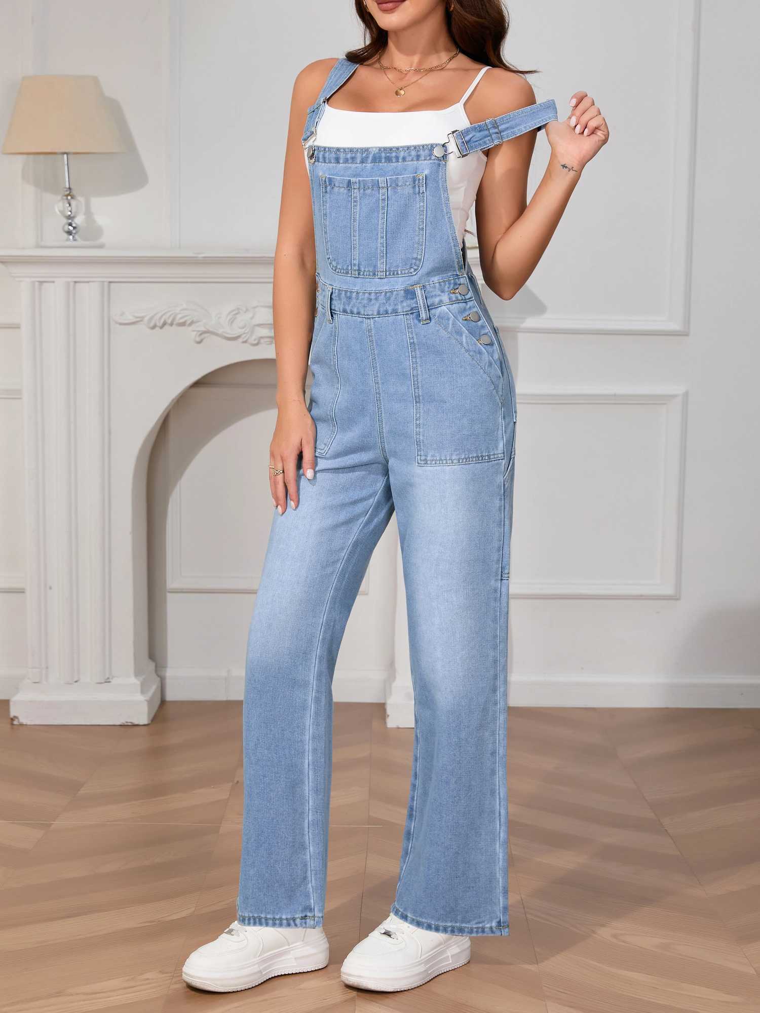 Womens Washed Denim Overalls - Vintage Euro American Style Strappy Jumpsuit High Waist Casual Romper with Adjustable Straps M260323