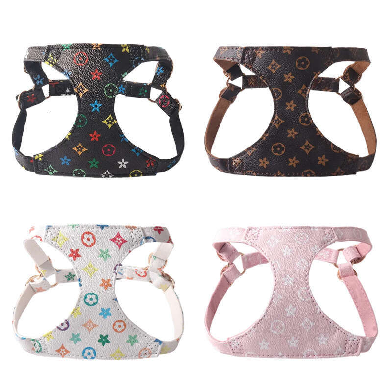 Dog Cat Harness Supplies Large PAI Old Flower PU Pet Harness Set Inner Side Suede Pet Supplies Dog Cat Collar