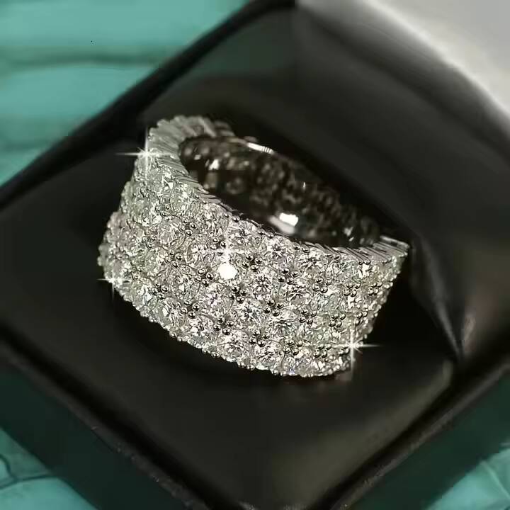 Four Row Lab Created Moissanite Cluster Signet Ring Trendy Stainless Steel IGI Certified Fashion Jewelry Unique Design for Gift
