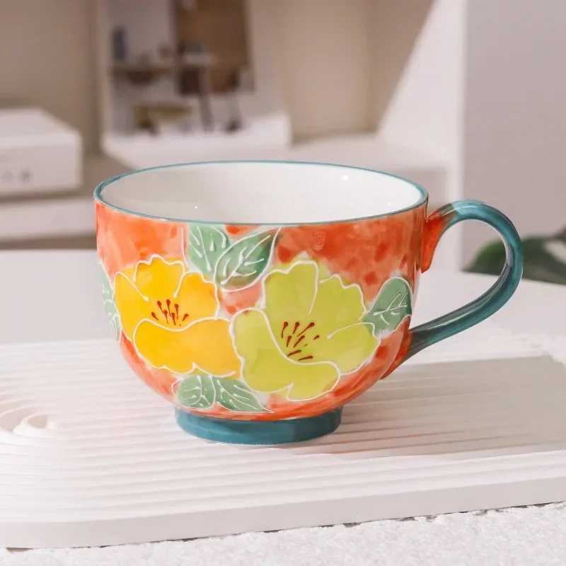 500ML Ceramic Coffee Mugs Large Capacity Hand-painted Relief Breakfast Cup Milk Oat Flower Tea Cups Creative Drinking Water Mug H260323