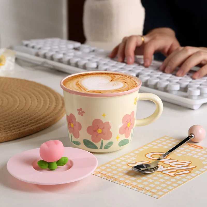 Creative Coffee Mug with Tulip Flower Design Ceramic Cup for Women Aesthetic Ins Style Breakfast Cup D260323