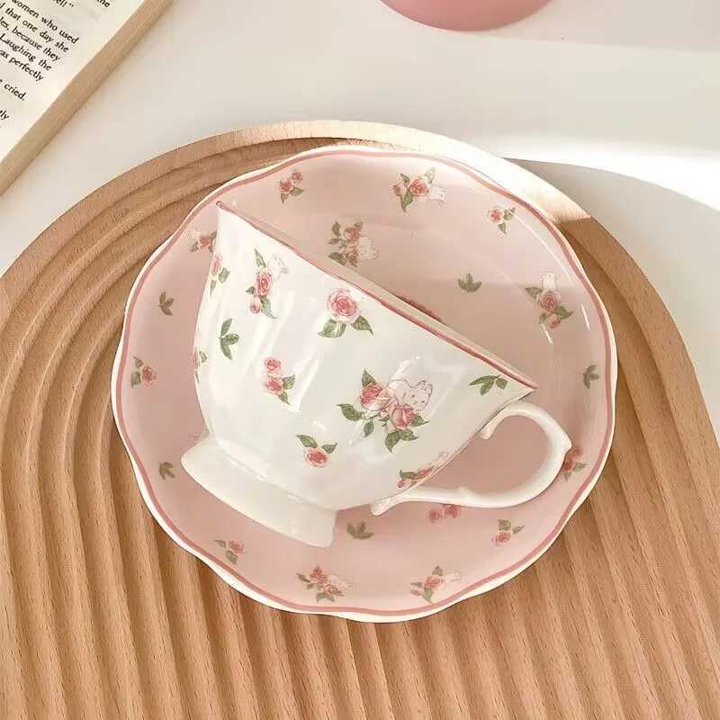 Cute coffee cups and saucers set high-value afternoon tea ins style girl pink ceramic mug hand-painted ins style D260323