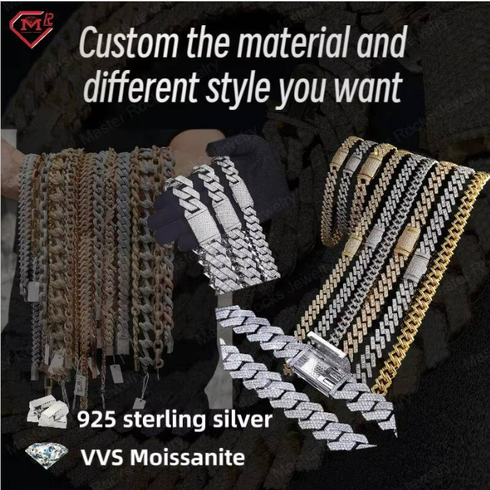 10k 14k 18k Gold Plating 925 Silver Vvs Baguette Moissanite Bracelet Bangle Cuff Link Hip Hop Iced Out Moissanite Bracelet Men