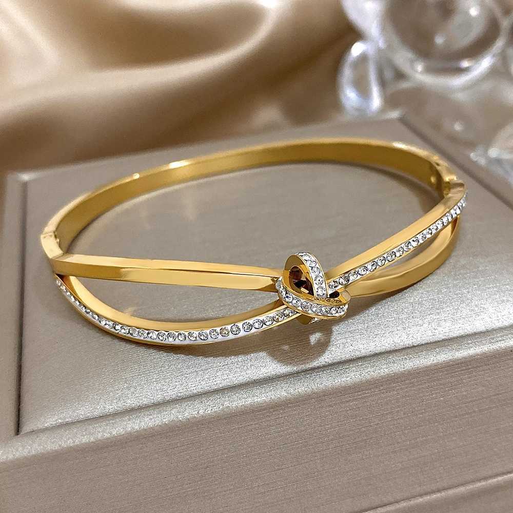 Trendy Stainless Steel With Rhinestone Inlaid Knot Bangles for Women Statement Bangle Wrist Waterproof Jewelry Gift H260323 - view 5