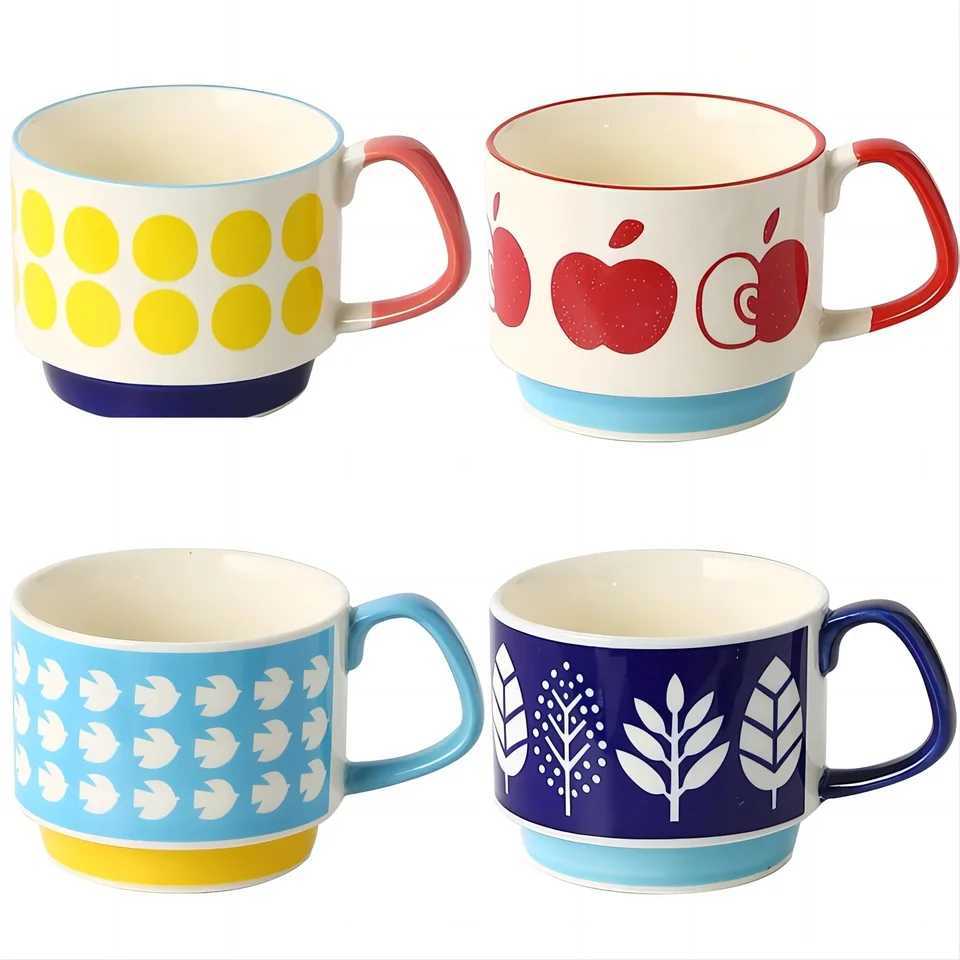 4pcs set Ceramic Ear Hanging Coffee Mug Underglaze Colored Breakfast Milk Oatmeal Cup Japanese Retro Style Lovers Mug Stackable H260323