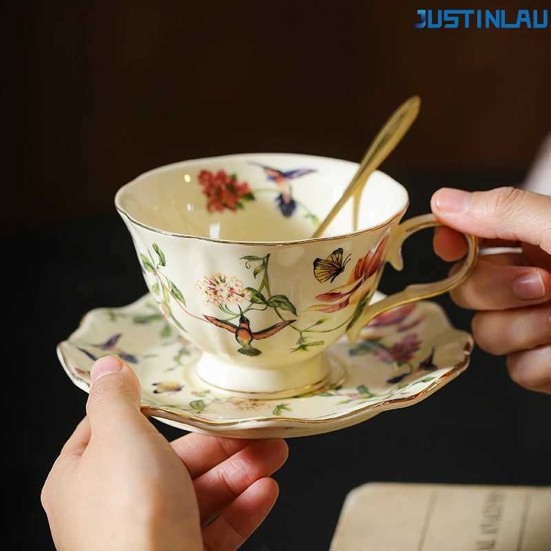 JUSTINLAU Palace Style Gold Flower Bird Coffee Cup and Plate Set Retro Ceramic High Aesthetic Home Afternoon Tea Cup Mugs D260323
